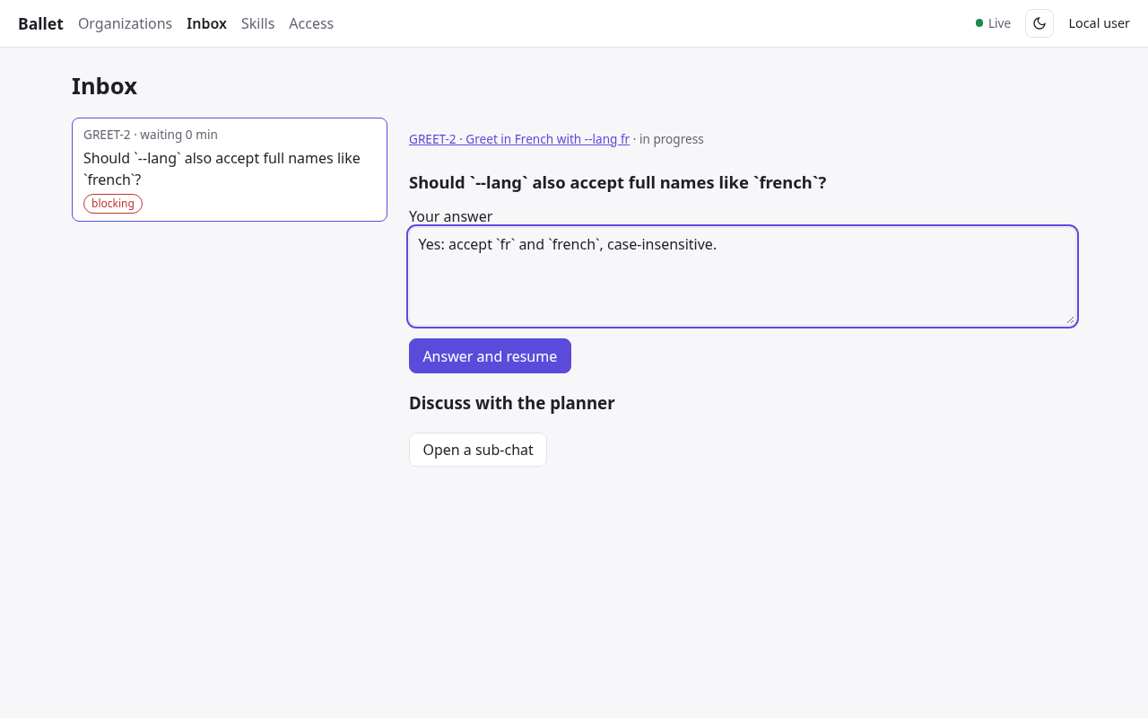 The inbox with a blocking question and an answer form.