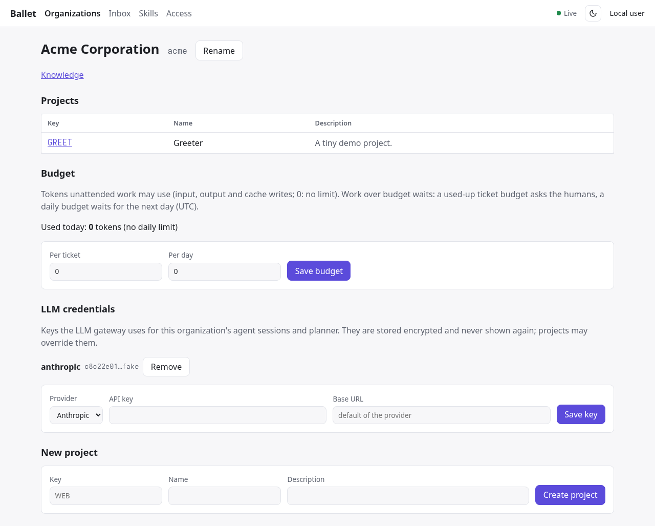 The organization page with project GREET, the budget and a saved Anthropic key.