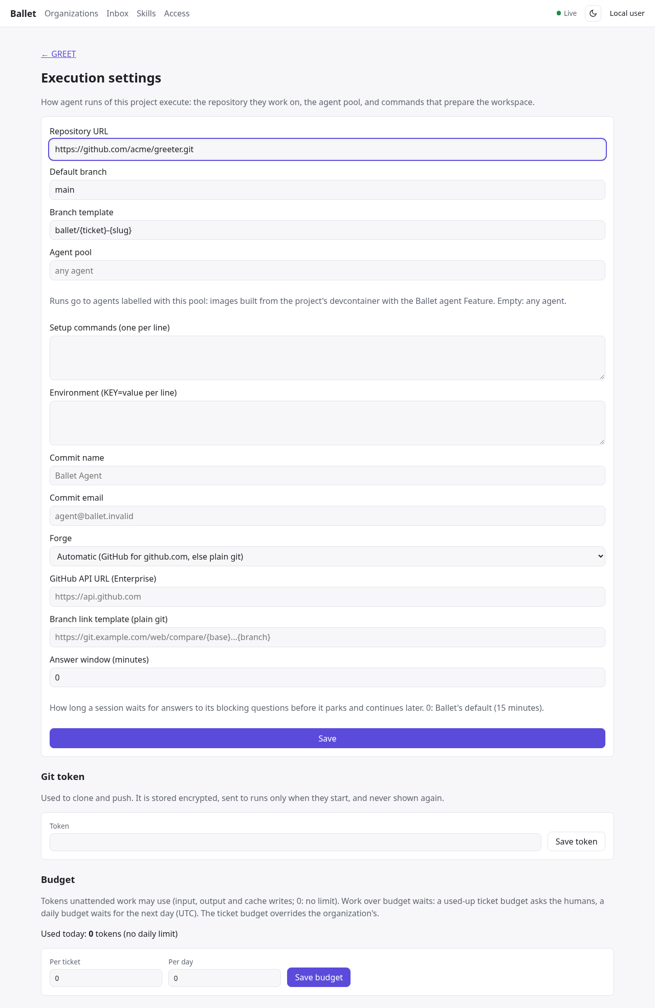 The project's execution settings form.