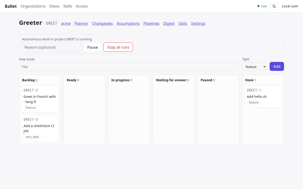 The project board with tickets in Backlog and Done