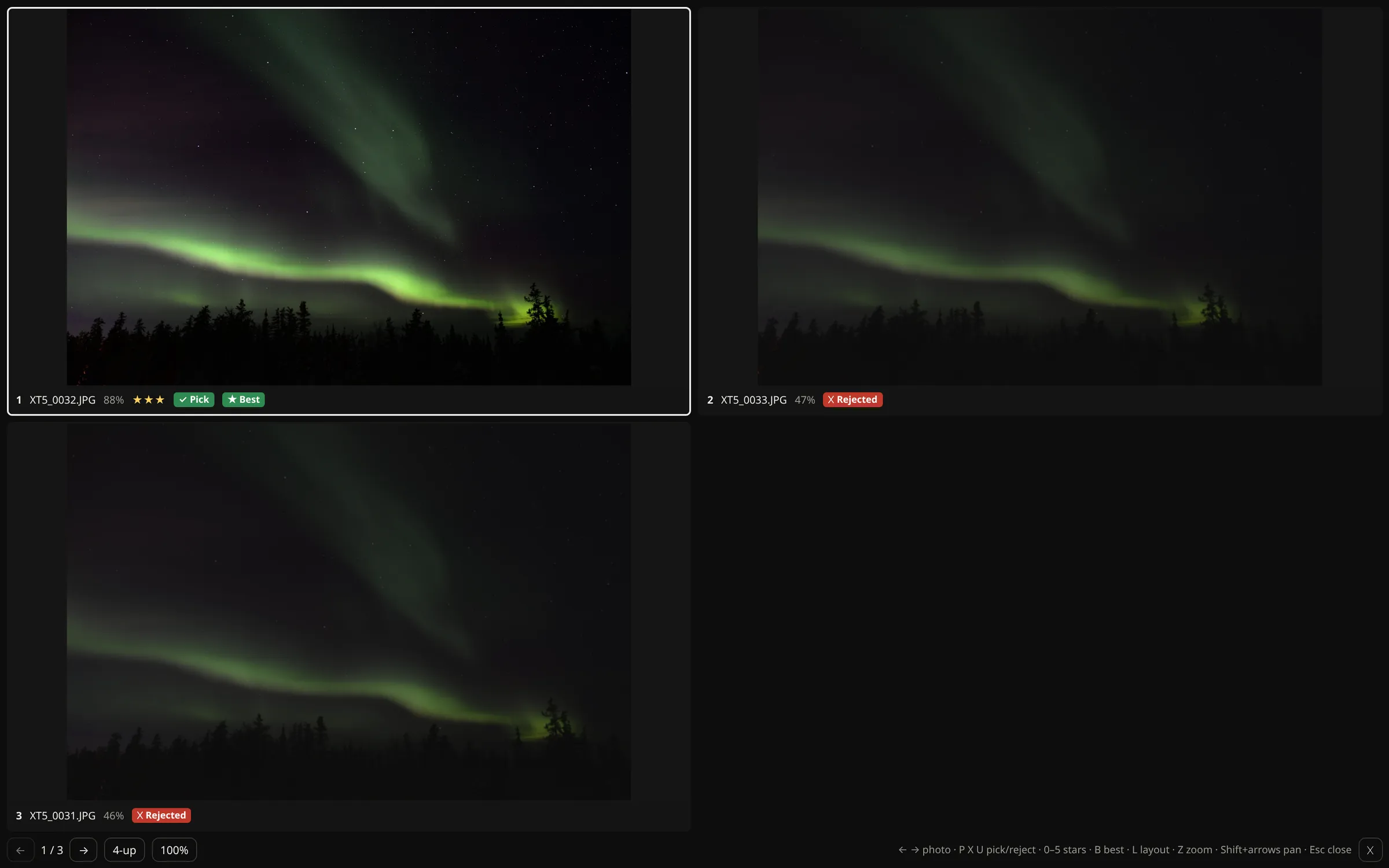 Compare view: three frames of a northern-lights burst side by side, the sharp one picked as best and the two blurred ones rejected.